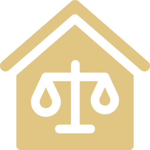 A gold icon of a house with a balanced scale of justice in the center, symbolizing legal protection within your home—just like having a trusted Chicago Personal Injury Lawyer by your side.