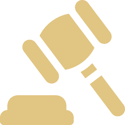 A simple, beige-colored graphic of a judge's gavel and sound block on a plain background, representing the authority and reliability of a trusted Chicago Personal Injury Lawyer.