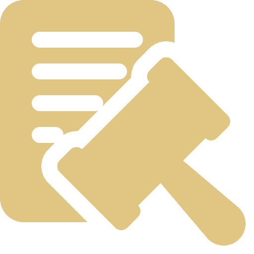 Gold icon of a gavel overlaid on a document, symbolizing law, legal decisions, or regulations—perfect for representing a trusted Chicago personal injury lawyer.