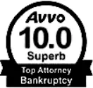 A black and white badge displaying "Avvo 10.0 Superb, Top Attorney Bankruptcy.