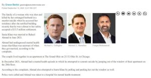 Three headshot photos of men in business attire appear beneath a news excerpt detailing the Chicago murder-suicide case, in which a woman was killed by her estranged husband, Raheel Ahmad, and Shanza Khan.