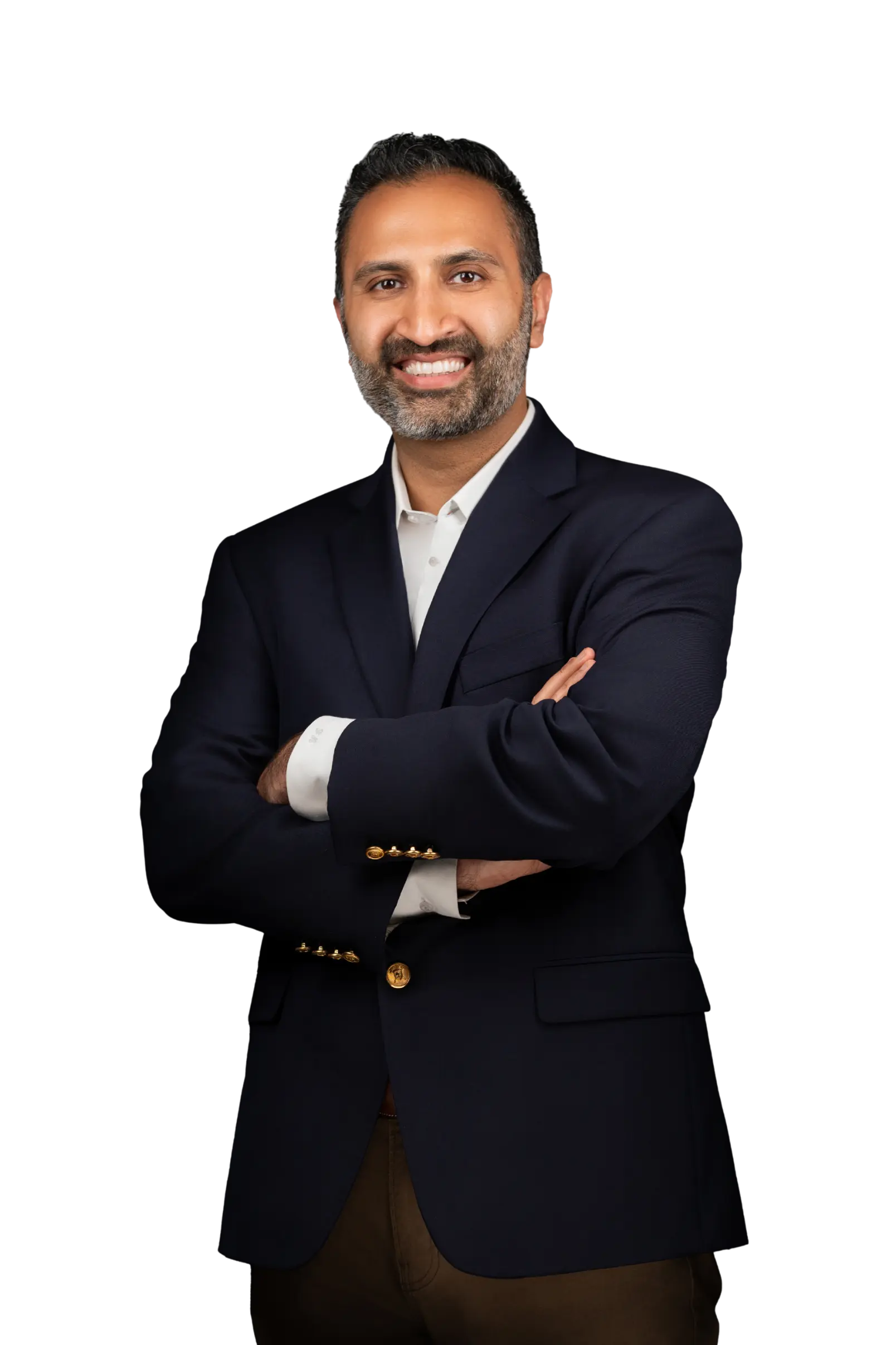 A trusted Chicago personal injury lawyer with short dark hair and a beard, wearing a navy blazer and white shirt, stands with arms crossed and smiles at the camera against a black background.