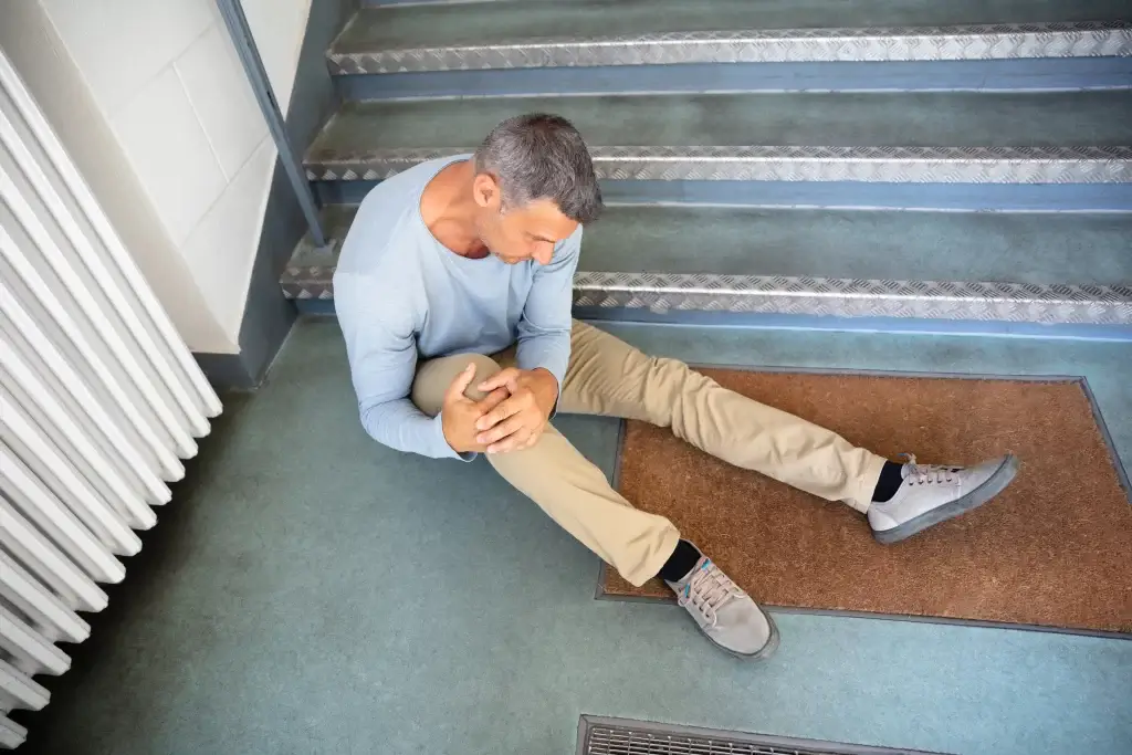 A man sits on the floor at the bottom of a staircase, holding his knee and appearing to be in pain after a fall—he may benefit from the help of a trusted Chicago personal injury lawyer.