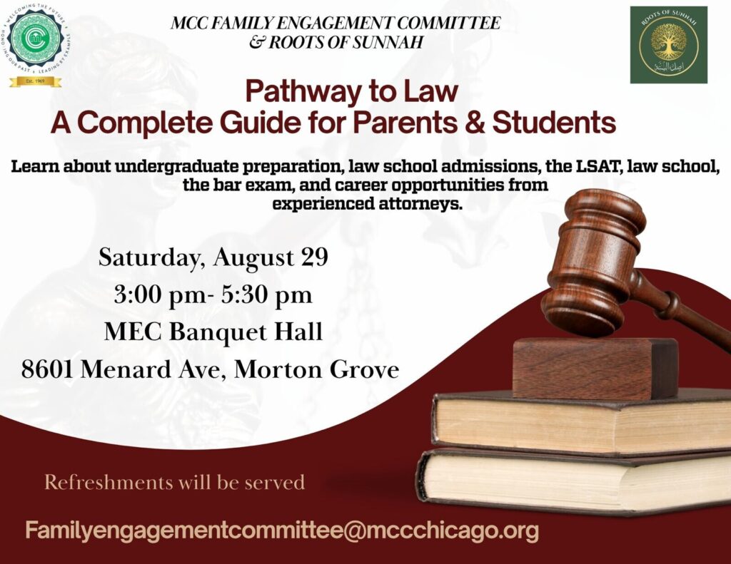 Pathway to Law: A Complete Guide for Parents & Students flyer for the August 29 panel at the MEC Banquet Hall in Morton Grove