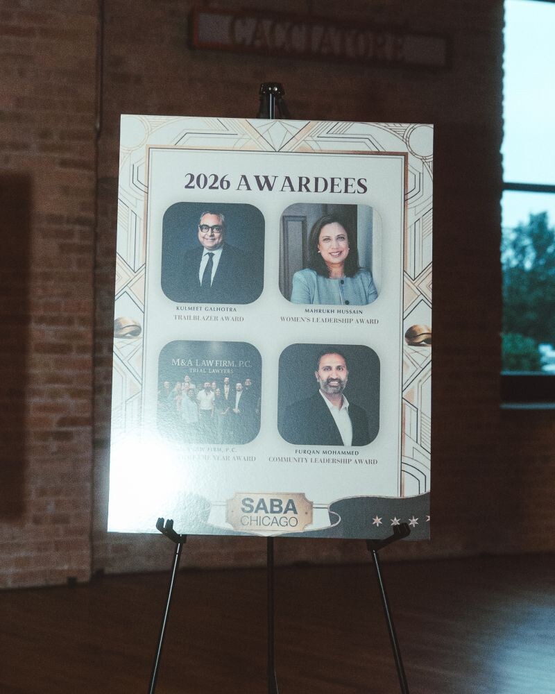 SABA Chicago 2026 awardees board naming Kulmeet Galhotra, Mahrukh Hussain, M&A Law Firm, P.C., and Furqan Mohammed