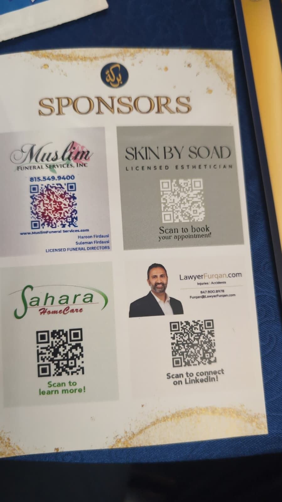 Sponsor page from the Barakah Masjid fundraising dinner listing LawyerFurqan.com among the sponsors
