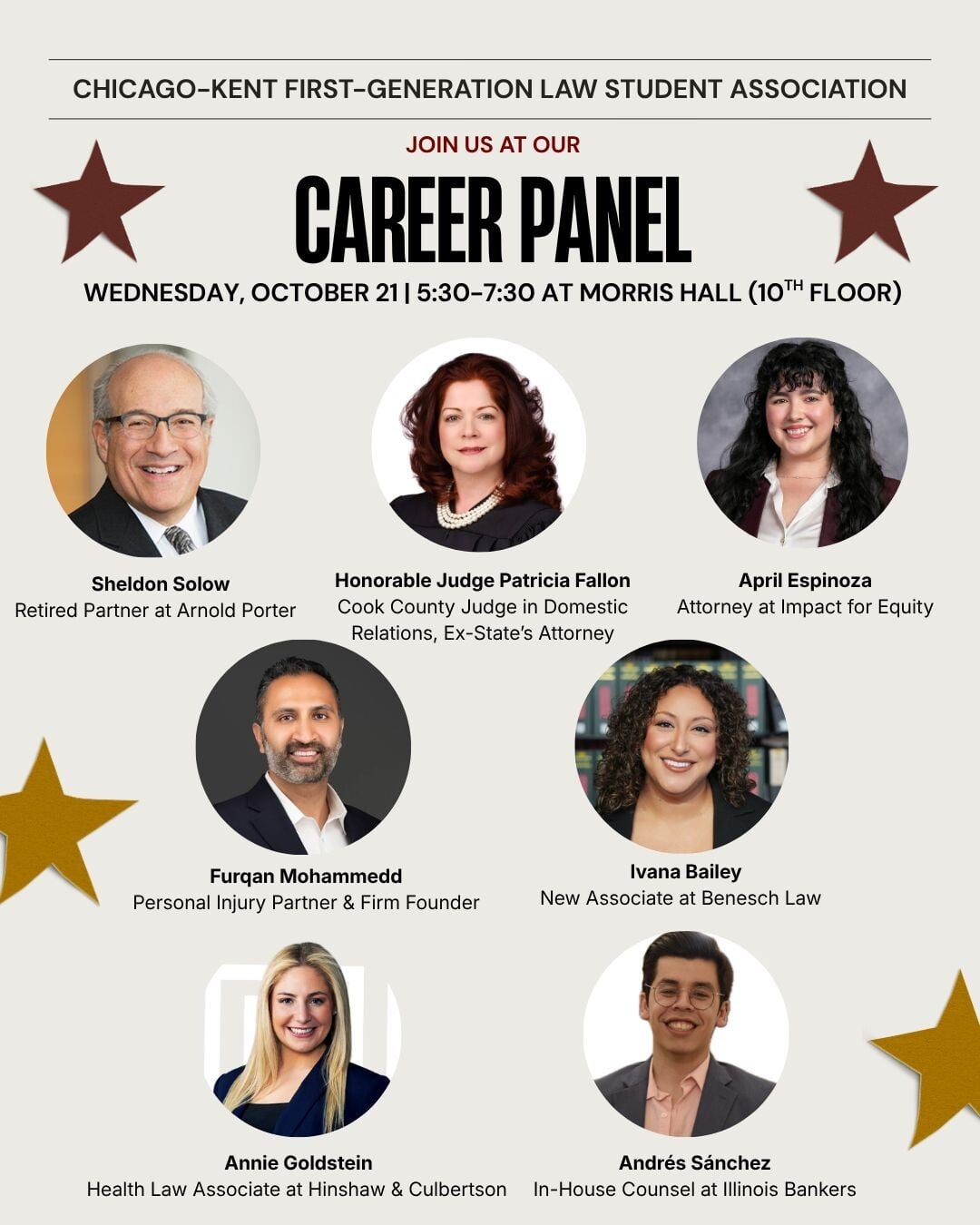 Chicago-Kent First-Generation Law Student Association career panel flyer for October 21 at Morris Hall