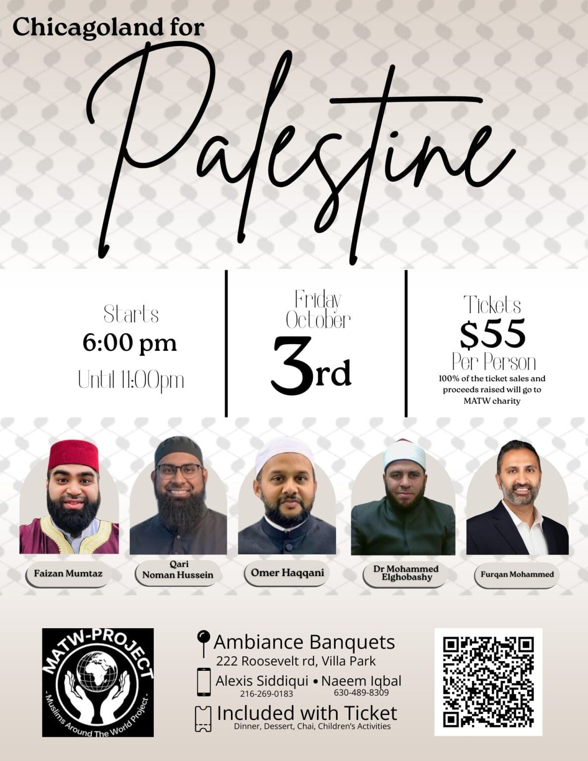 Chicagoland for Palestine fundraiser flyer for Friday, October 3 at Ambiance Banquets in Villa Park listing the evening's speakers