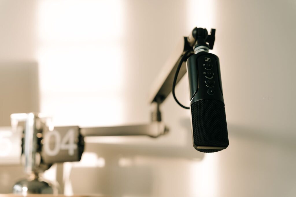 Studio microphone set up for a podcast recording